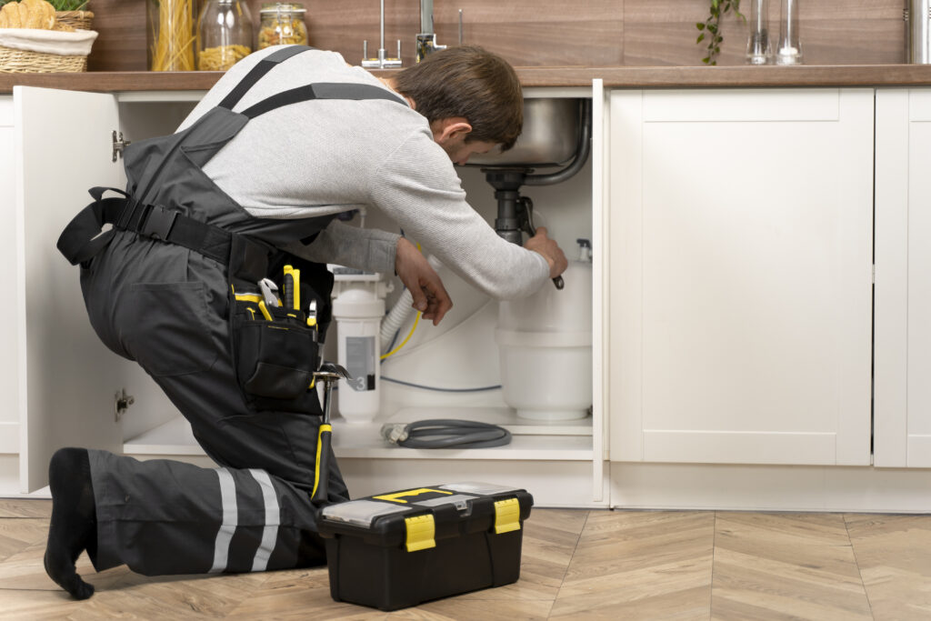 A sandton plumber delivering professional plumbing services in Sandton fixing a sink cabinet