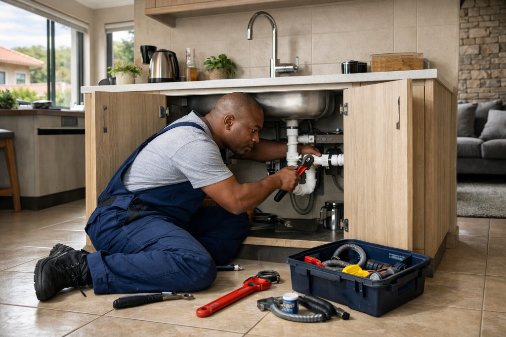 One of our professional plumbers in Alberton using a wrench to fix a kitchen sink drain in a modern home.