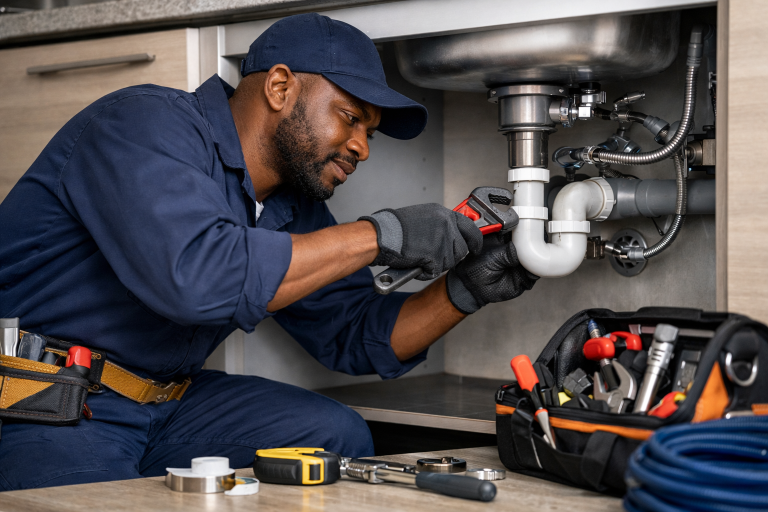 One of our professional plumbers in Meyersdal using a wrench to fix a kitchen sink drain in a home.