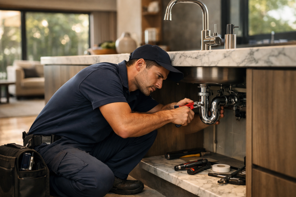 One of our professional plumbers in Hyde Park working under a kitchen sink in a Hyde Park home, fixing pipes with tools