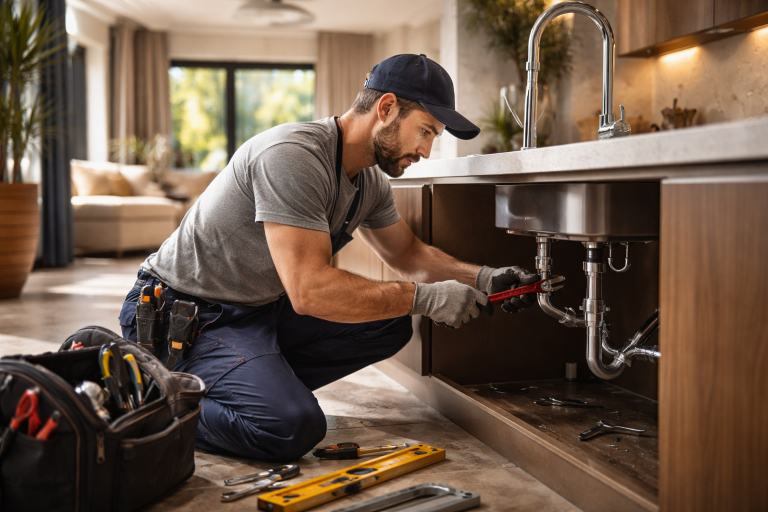 one of our professional sandton plumbers working under a kitchen sink in a house, fixing pipes with tools